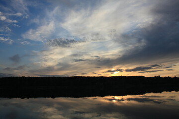 Waterside forest silhouette and sunset landscape photo. Beautiful nature scenery photography with blurred background. Idyllic scene. High quality picture for wallpaper, travel blog, magazine, article