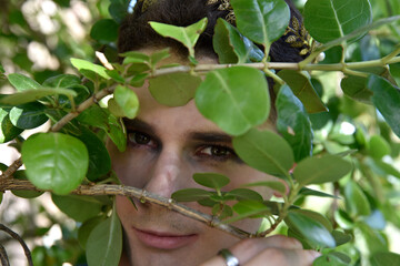 Close up portrait of young handsome man  interacting with  tree leaves