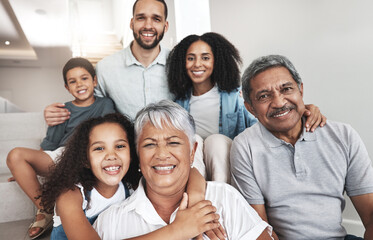 Love, house stairs and portrait of happy family bonding, hug and enjoy quality time together in Rio de Janeiro Brazil. Smile, happiness and relax children, parents and grandparents in vacation home