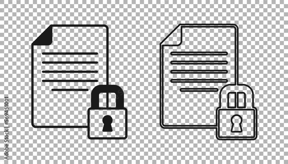 Poster black document and lock icon isolated on transparent background. file format and padlock. security, 