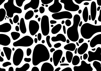 Fototapeta na wymiar Dalmatian seamless pattern or animal print with skin spot texture. Absract shapes design dog or cow black spots on white background for textile. Simple endless natural leather backdrop.
