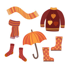Warm autumn clothes and accessories. Cartoon flat vector illustration.