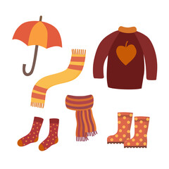 Warm autumn clothes and accessories. Cartoon flat vector illustration.