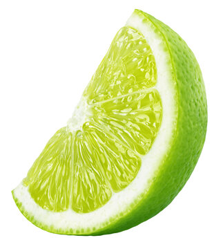 Ripe slice of green lime citrus fruit stand isolated on transparent background
