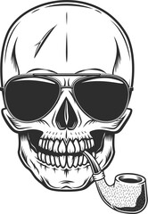 Skull smoking pipe with wooden texture and sunglasses accessory to protect eyes from bright sun vintage isolated illustration