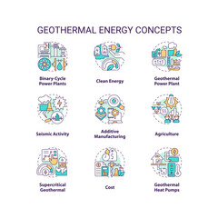 Geothermal energy concept icons set. Power station. Generate electricity idea thin line color illustrations. Isolated symbols. Editable stroke. Roboto-Medium, Myriad Pro-Bold fonts used