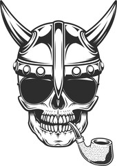 Viking skull smoking pipe in horned helmet with wooden texture and sunglasses accessory to protect eyes from bright sun vintage isolated illustration