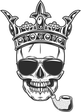 Skull smoking pipe in royal crown concept with sunglasses accessory to protect eyes from bright sun isolated vintage illustration