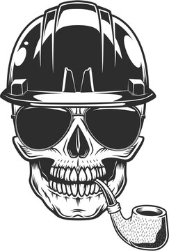 Skull smoking pipe in helmet hardhat builder construction concept with sunglasses accessory vintage isolated illustration