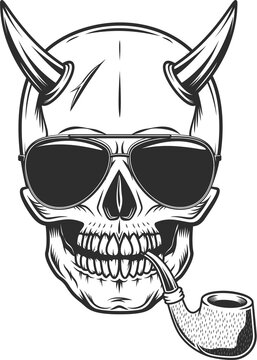 Skull with horn smoking pipe with sunglasses accessory to protect eyes from bright sun vintage isolated illustration