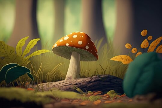 A Close-up With Selective Focus Of A Mushroom Growing On The Ground Under A Chestnut Tree Woodland. Generative AI