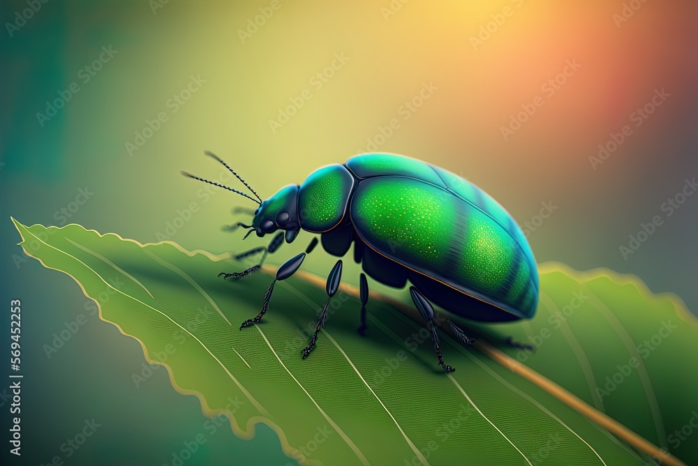 Poster a close-up of a green leaf with a little bug sitting on it, against a hazy backdrop. generative ai