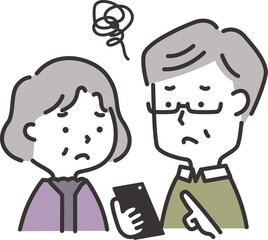 スマホ操作に悩む高齢夫婦のイラスト