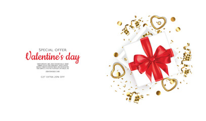 Fototapeta na wymiar Valentine s day sale background with gold hearts and gift. Vector background for poster, banners, flyers, card.
