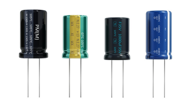 Various capacitors isolated on transparent background. 3D illustration