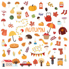 Autumn set, hand drawn elements. Cartoon flat vector illustration.