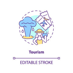 Tourism concept icon. Geyser. Tourist attraction. Usage of geothermal energy abstract idea thin line illustration. Isolated outline drawing. Editable stroke. Arial, Myriad Pro-Bold fonts used