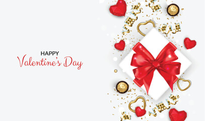 Happy Valentines Day. Realistic 3d design of festive objects gift box, heart, gold confetti. Holiday banner, web poster, flyer, stylish brochure, greeting card, Vector illustration