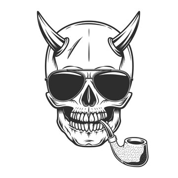 Skull with horn smoking pipe with sunglasses accessory to protect eyes from bright sun vintage isolated vector illustration