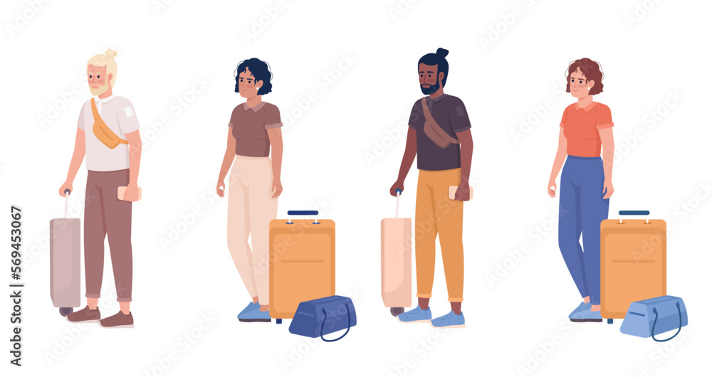 Aufkleber passengers with bags waiting in line for boarding semi flat color vector characters set. editable fu