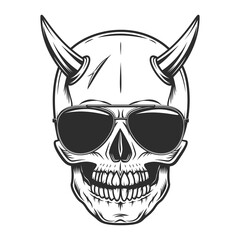 Skull with horn concept and black eyes with sunglasses accessory to protect eyes from bright sun vintage isolated vector illustration