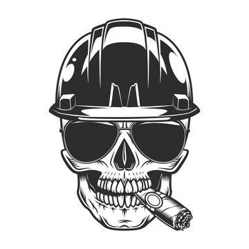 Skull in helmet hardhat builder construction concept smoking cigar or cigarette smoke with sunglasses accessory vintage isolated vector illustration