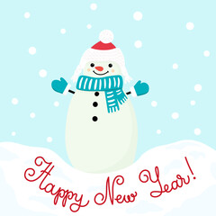 Greeting card with cute character snowman in cap, scarf and mittens. Happy new year holiday poster. Cartoon flat vector illustration.