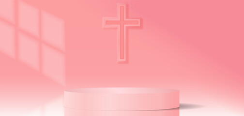 churches background with pink, crucifix pink realistic cylinder stand podium. Vector geometric form. Pastel minimal wall scene.