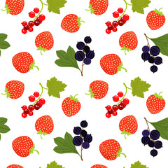 Seamless pattern background with strawberry, redcurrant and black currant. Hand drawn vector illustration.