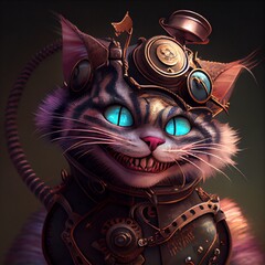Steampunk Cheshire Cat from Wonderland. Generative AI - obrazy, fototapety, plakaty