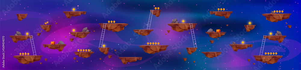 Poster flying rock islands vector game space background landscape. cartoon planet in galaxy for arcade vide