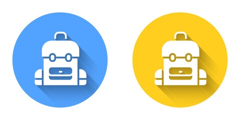 White School backpack icon isolated with long shadow background. Circle button. Vector