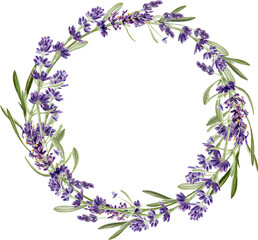 Watercolor lavender flower wreath. Floral round frame. Hand painted botanical illustration for wedding invitation, greeting card