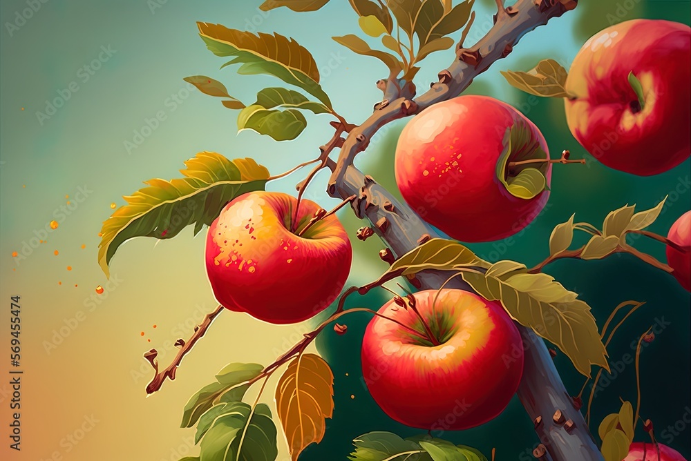 Poster image of ripe apples hanging on a branch. generative ai