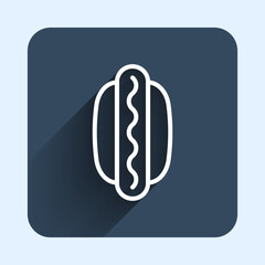 White line Hotdog sandwich with mustard icon isolated with long shadow background. Sausage icon. Fast food sign. Blue square button. Vector