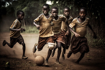 Fototapeta premium African children playing soccer in the jungle in the hope of having fun and getting out of poverty