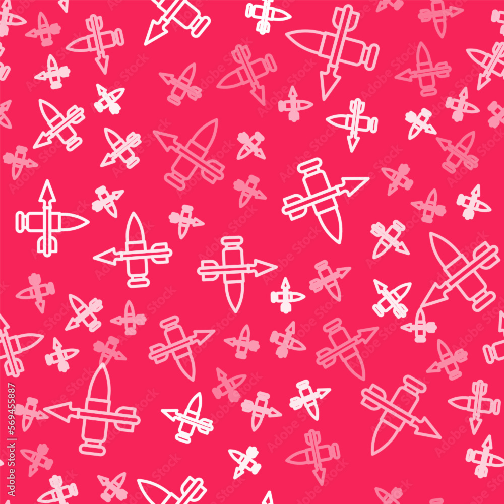 Poster white line crossed bullet with arrow icon isolated seamless pattern on red background. vector