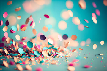 Colorful birthday and carnival party confetti background. Generative AI - obrazy, fototapety, plakaty