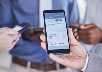Trading, finance stats and hands with a phone for profit, digital analytics and money from business. Payment, market screen showing investment progress, growth and wealth on a mobile app with man
