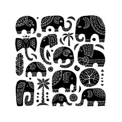 Elephant family, black silhouette art. Ethnic ornament for your design