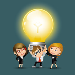 People Set - Business - Group of business people holding up huge light bulb