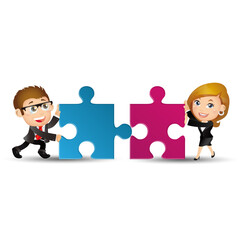 People Set - Business - Two business people are working together to put two puzzles in order to succeed