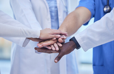 Healthcare, teamwork and hands together in huddle for team building, collaboration and motivation...