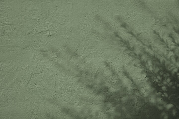 Abstract tree leaves shadows on gray green concrete wall texture with roughness and irregularities. Abstract trendy nature concept background. Copy space for text overlay, poster mockup flat lay 