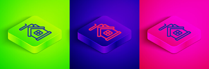 Isometric line Merry Christmas house icon isolated on green, blue and pink background. Home symbol. Square button. Vector