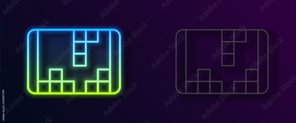 Poster glowing neon line portable video game console icon isolated on black background. handheld console ga