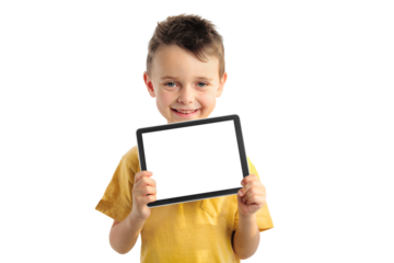 Happy child boy  holding a tablet for your information on the blue background