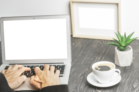 people sits on a work with a laptop computer for a wood table on the blackboard background