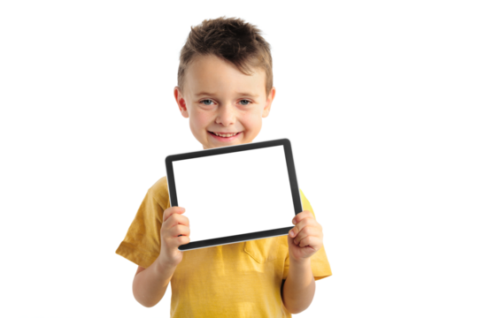 Happy child boy  holding a tablet for your information on the blue background