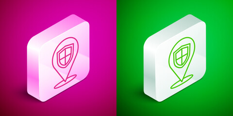 Isometric line Location shield icon isolated on pink and green background. Insurance concept. Guard sign. Security, safety, protection, privacy concept. Silver square button. Vector